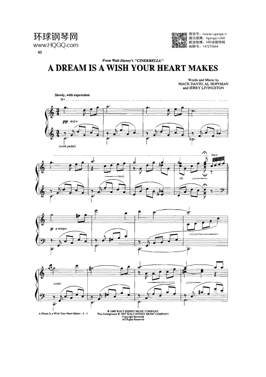 A DREAM IS A WISH YOUR HEART MAKES（选自《77首Dan Coates 流行情调钢琴谱》） 钢琴谱.docx_第1页