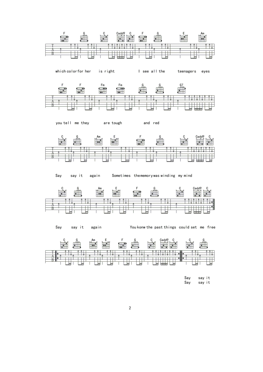 盘尼西林乐队 Say it again吉他谱六线谱 C调高清弹唱谱 吉他谱_1.docx_第2页