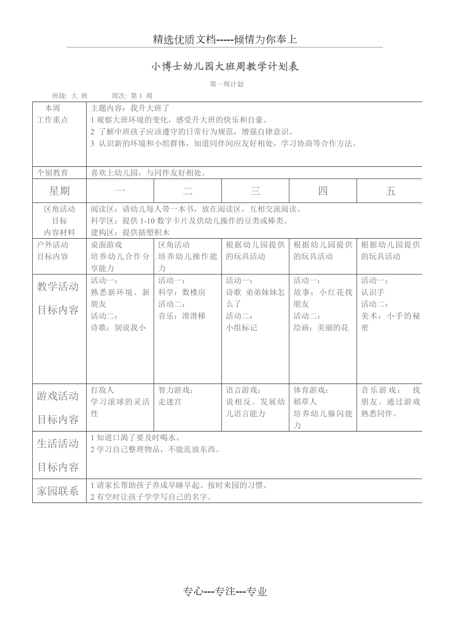 小博士大班幼儿园周工作计划表.doc_第1页