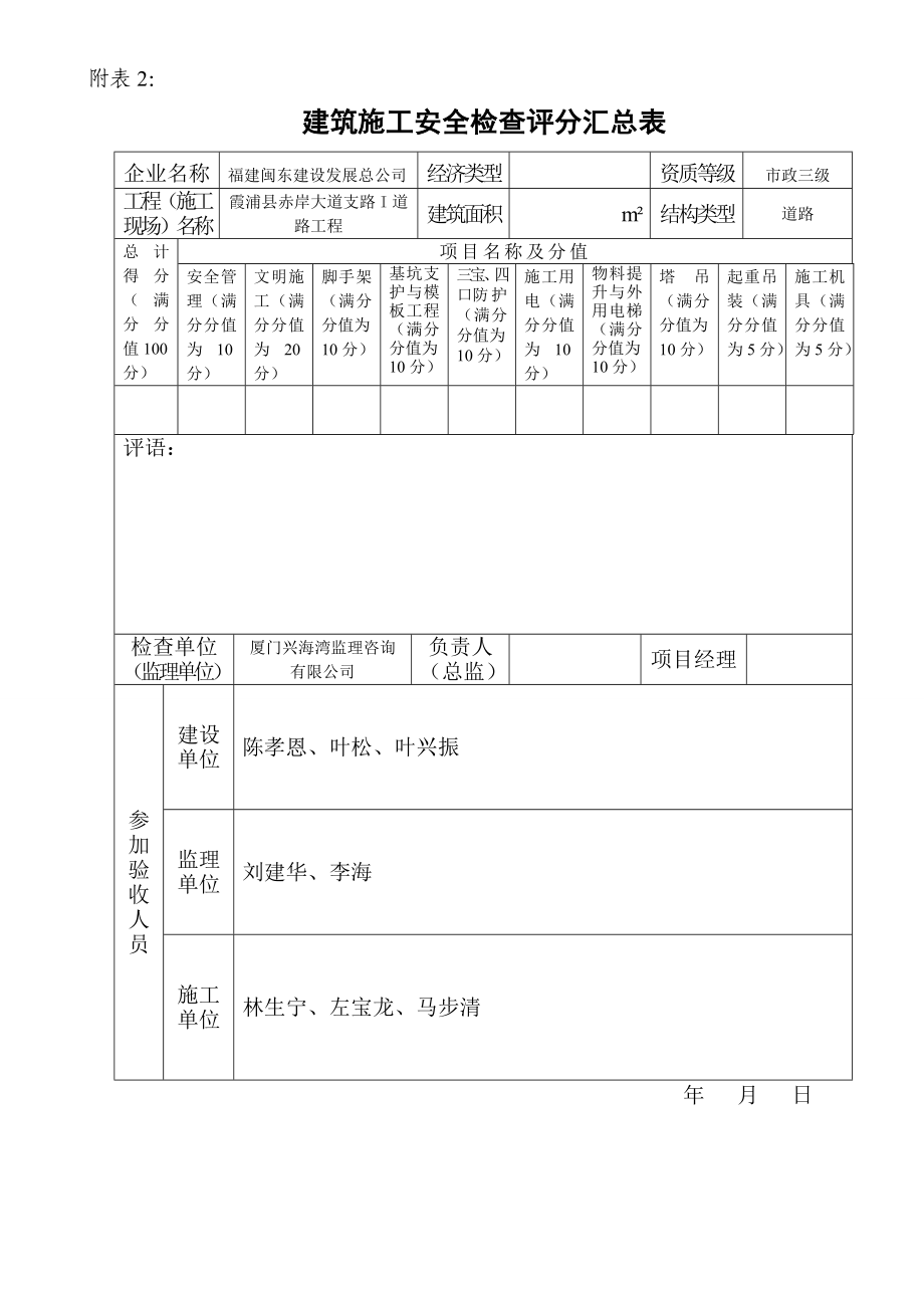 霞浦县赤岸大道支路I道路工程项目施工施工安全评价表.doc_第3页