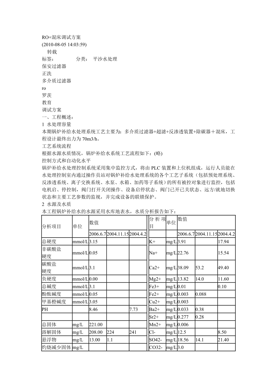 多介质过滤器+超滤+反渗透装置+除碳器+混床调试方案.doc_第1页