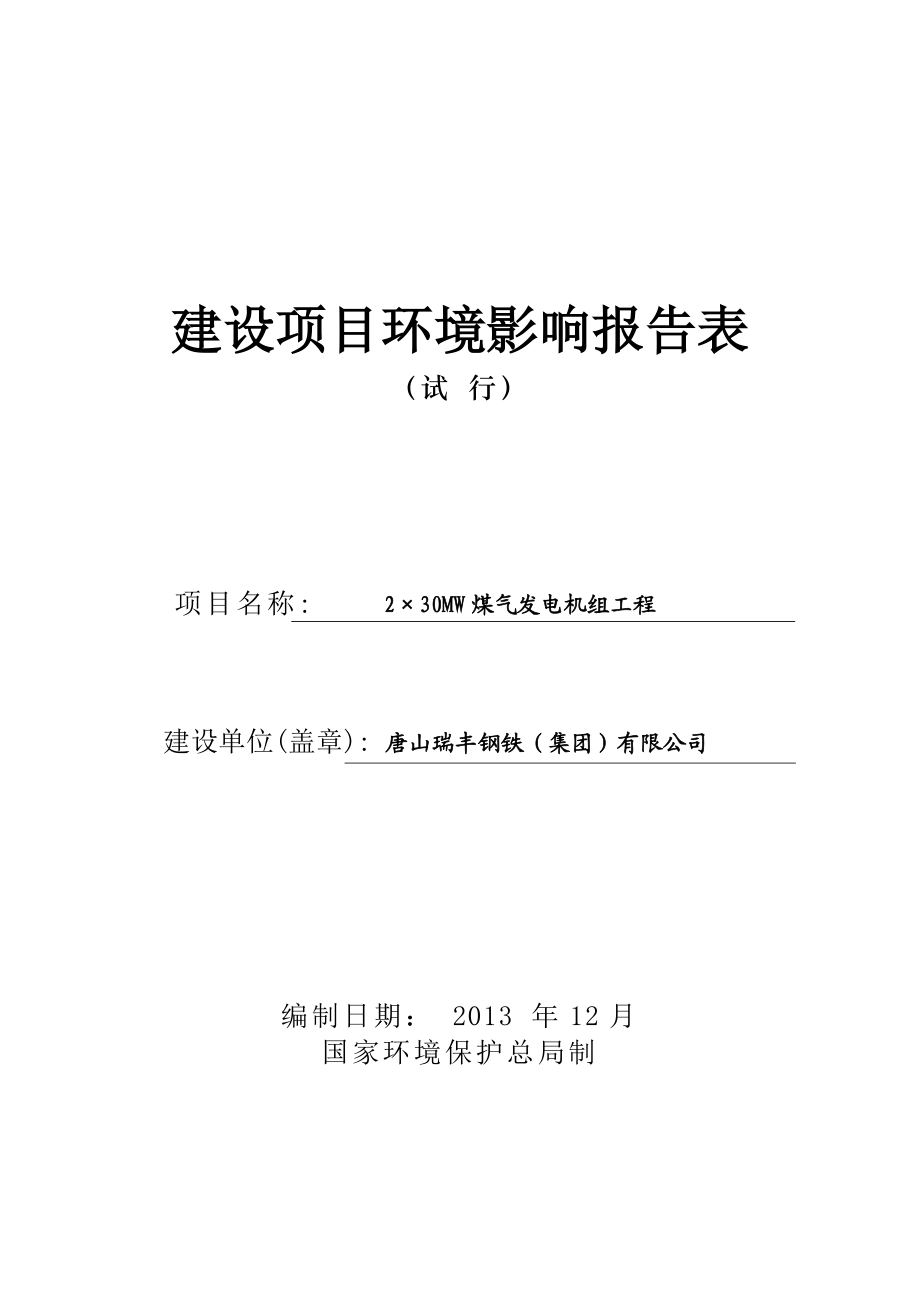 2×30MW煤气发电机组工程环境影响报告书.doc_第1页