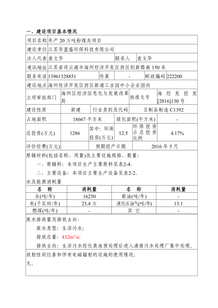 环境影响评价报告公示：江苏华盈盛环保科技万粉煤灰江苏华盈盛环保科技万粉煤灰添环评报告.doc_第1页