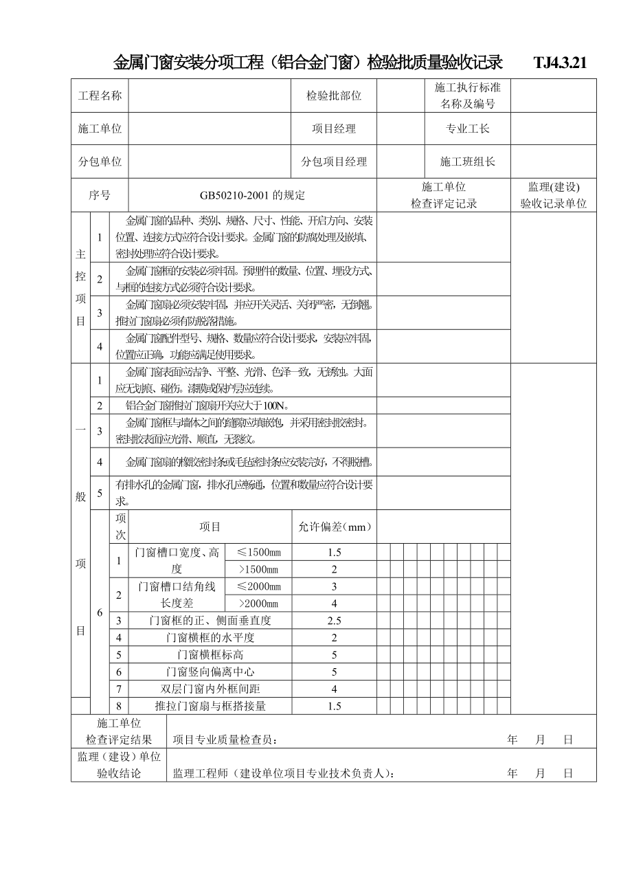 TJ4.3.21金属门窗安装分项工程（铝合金门窗）检验批质量验收记录.doc_第1页