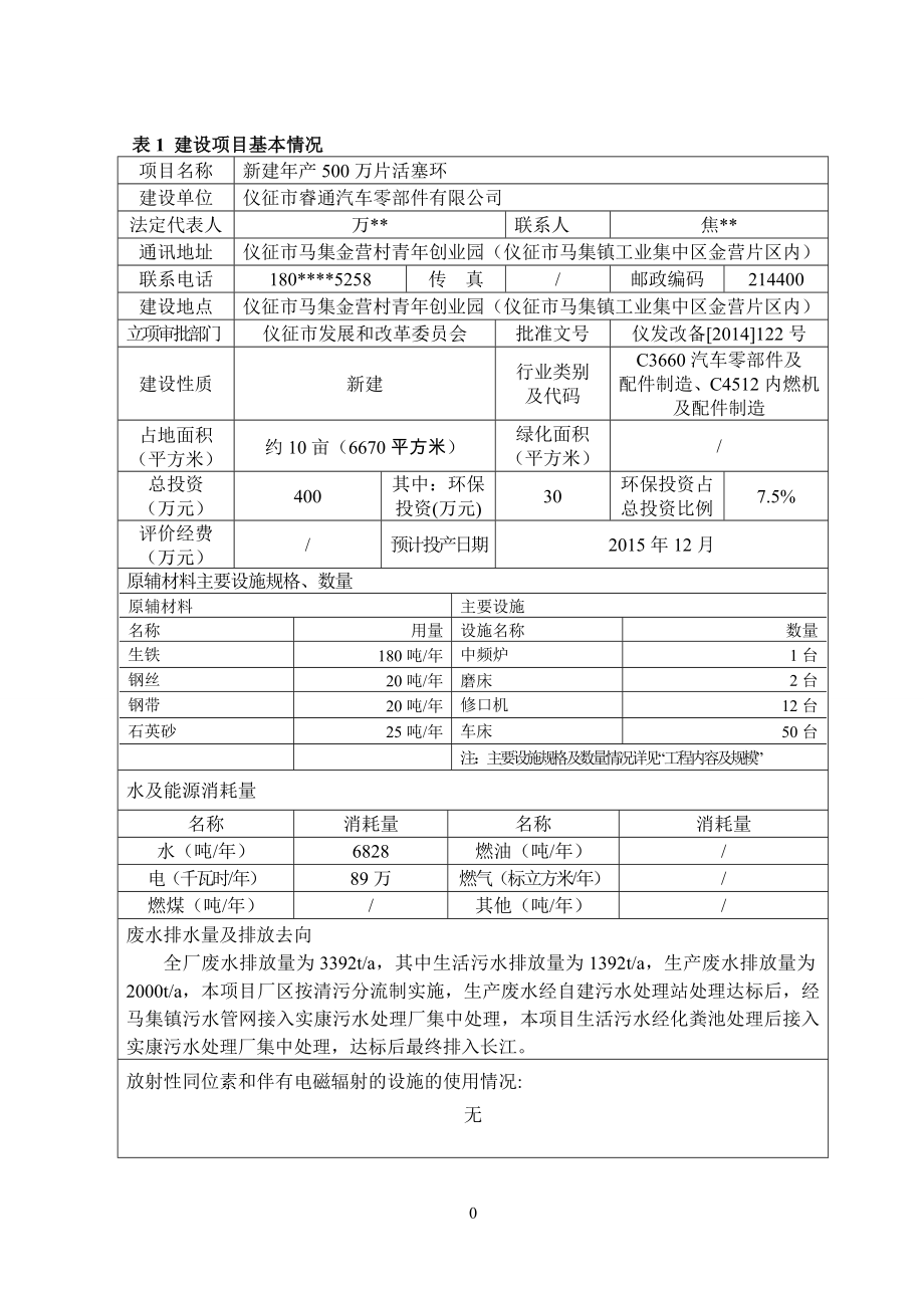 环境影响评价报告全本公示简介：1新建产500万片活塞环项目仪征市马集镇金营村仪征市睿通汽车零部件有限公司南京源恒环境研究所有限公司8208391.doc_第2页