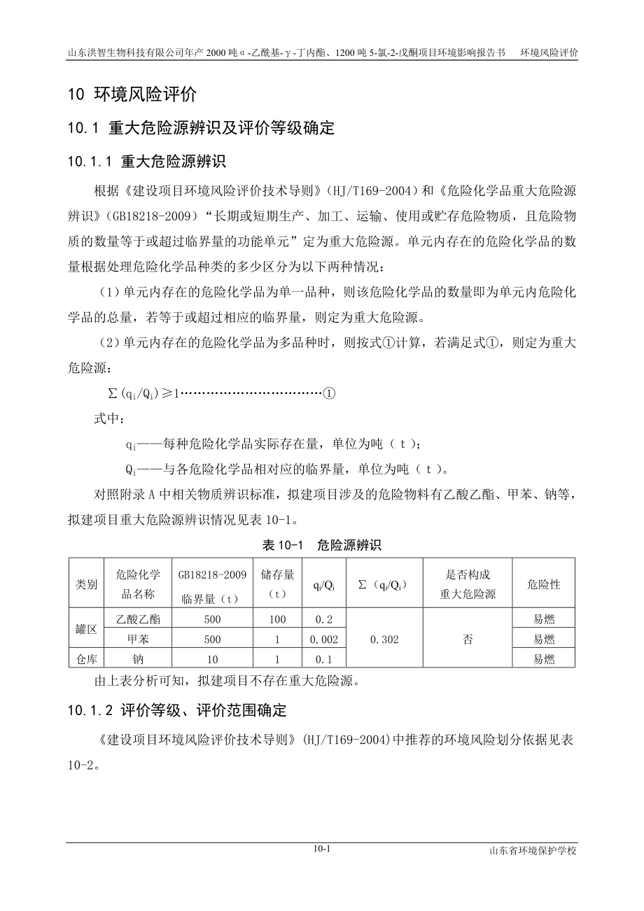 环境影响评价报告公示：产2000吨α乙酰基γ丁内酯、1200吨5氯2戊酮项目第10章环境风险评价改环评报告.doc_第1页