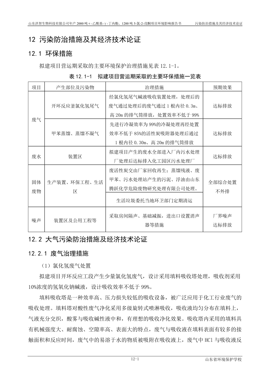 环境影响评价报告公示：产2000吨α乙酰基γ丁内酯、1200吨5氯2戊酮项目第12章污染防治论证环评报告.doc_第1页