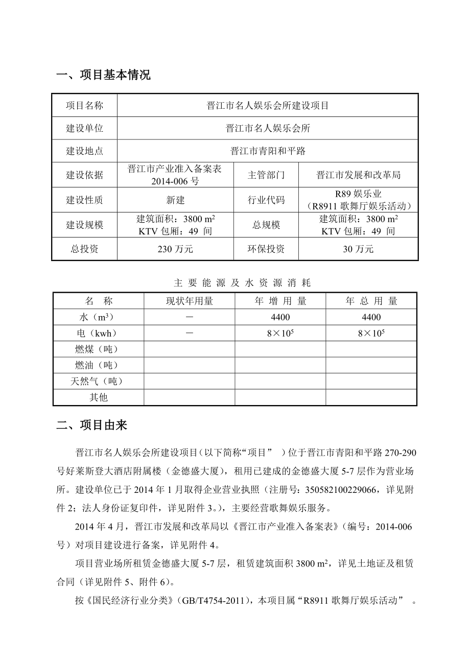 环境影响评价报告公示：晋江市名人娱乐会所建设环评报告.doc_第1页