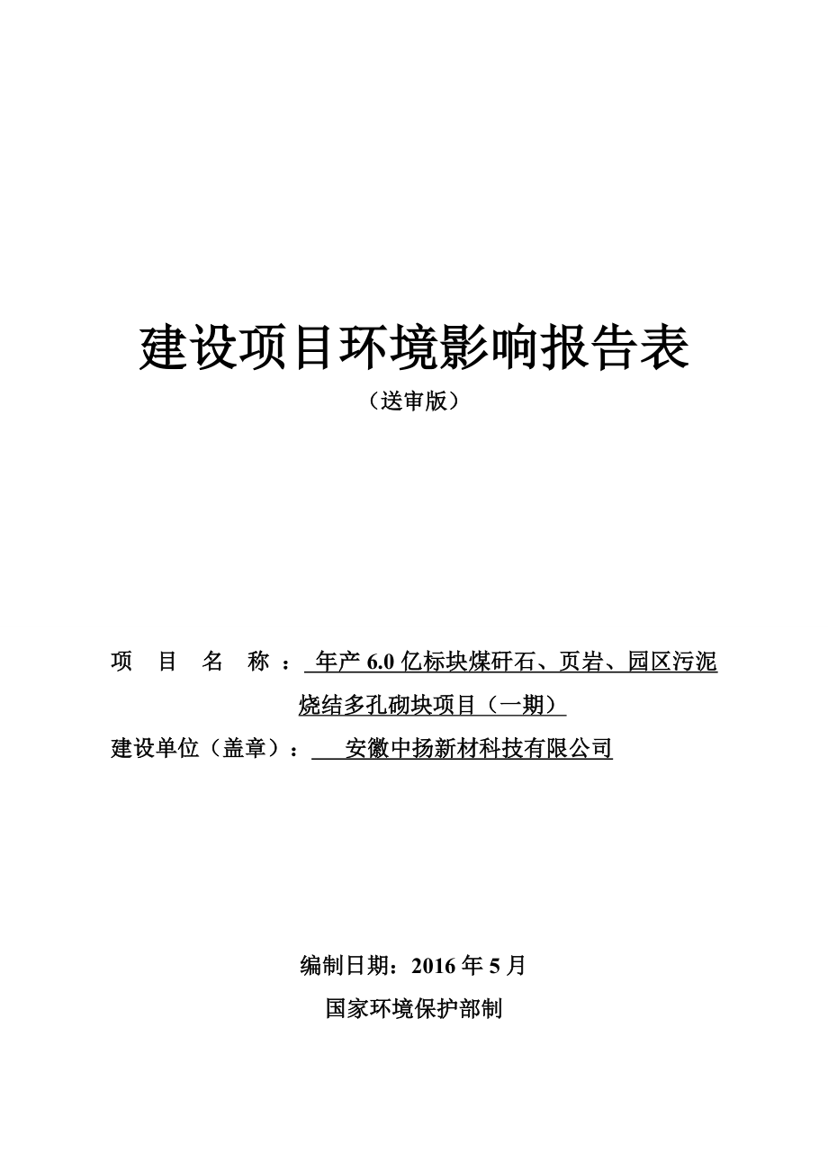 环境影响评价报告公示：安徽中扬新材料科技亿标块煤矸石页岩园区污泥烧结多孔砌块环评报告.doc_第1页