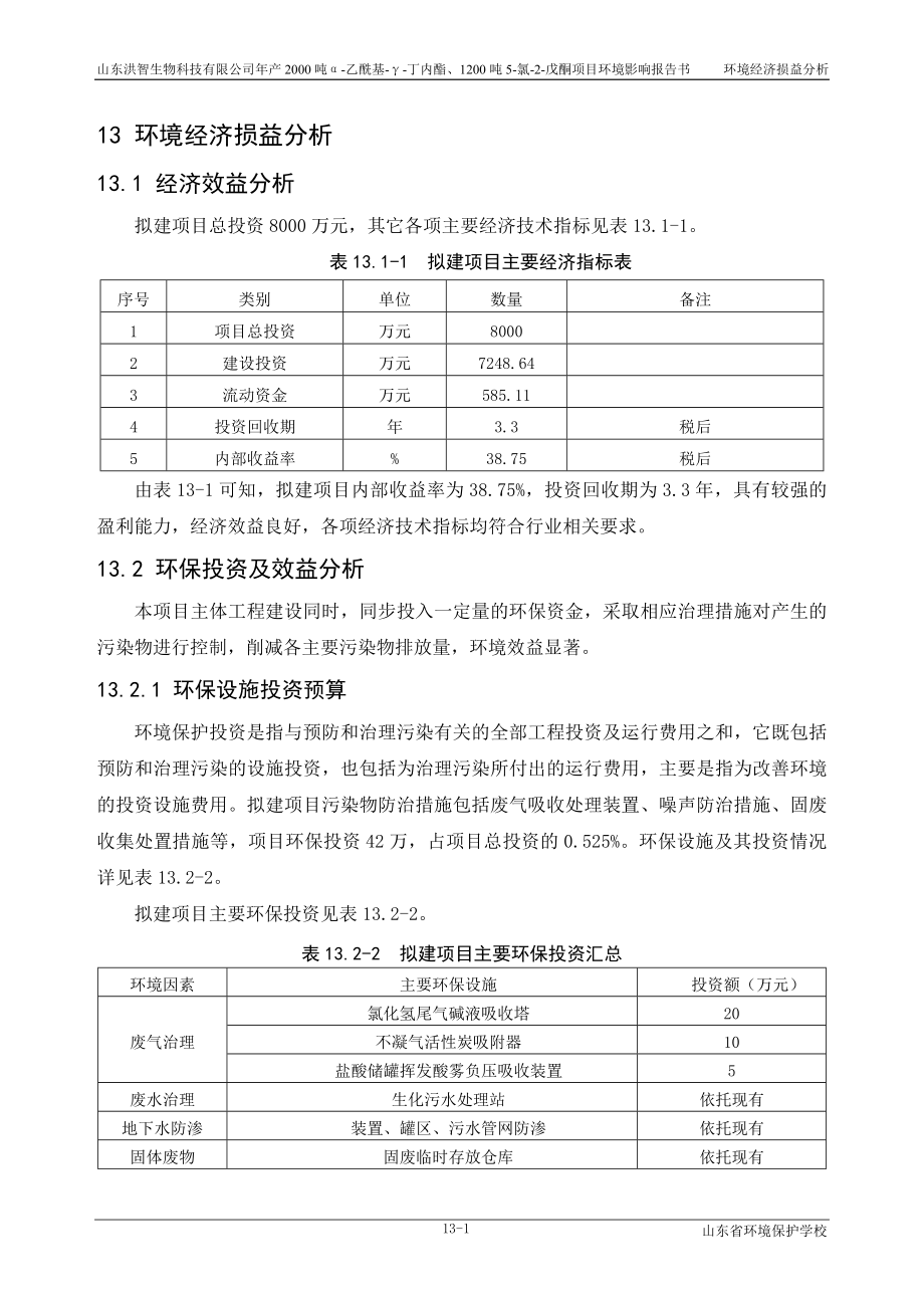 环境影响评价报告公示：产2000吨α乙酰基γ丁内酯、1200吨5氯2戊酮项目第13章 环境经济损益分析环评报告.doc_第1页