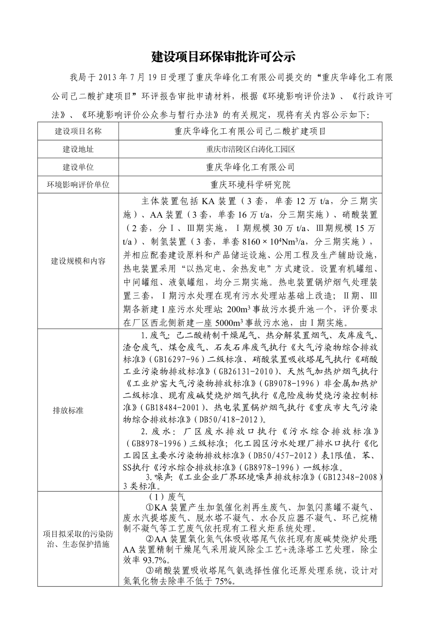 重庆华峰化工公司己二酸扩建项目环境影响评价报告书.doc_第1页
