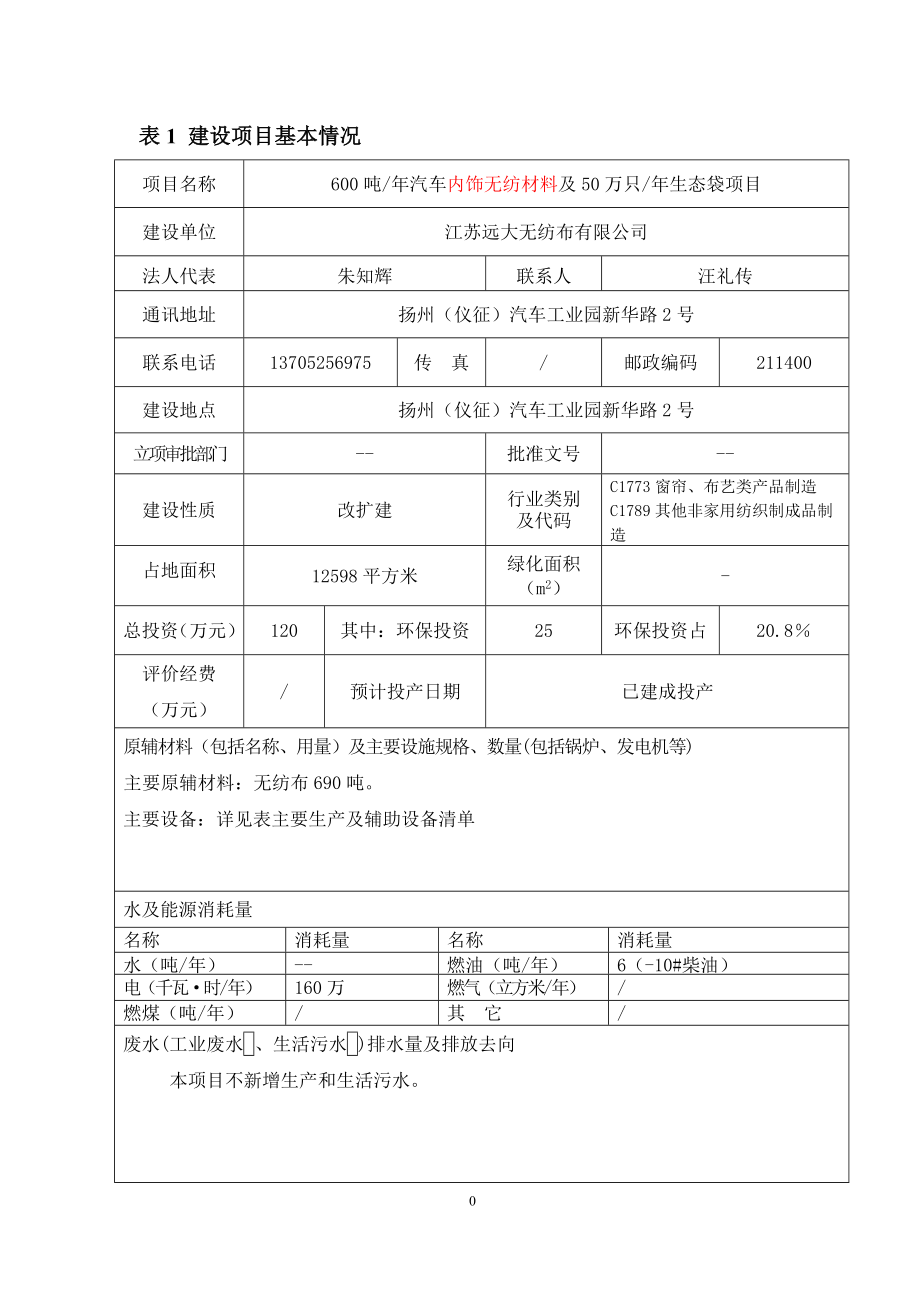 环境影响评价报告全本公示简介：1600吨汽车内饰无纺材料及50万只生态袋项目扬州（仪征）汽车工业园江苏远大无纺布有限公司南京源恒环境研究所有限公司129.doc_第2页