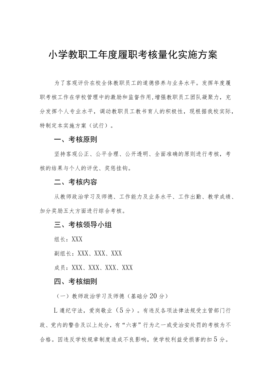 小学教职工年度履职考核量化实施方案.docx_第1页