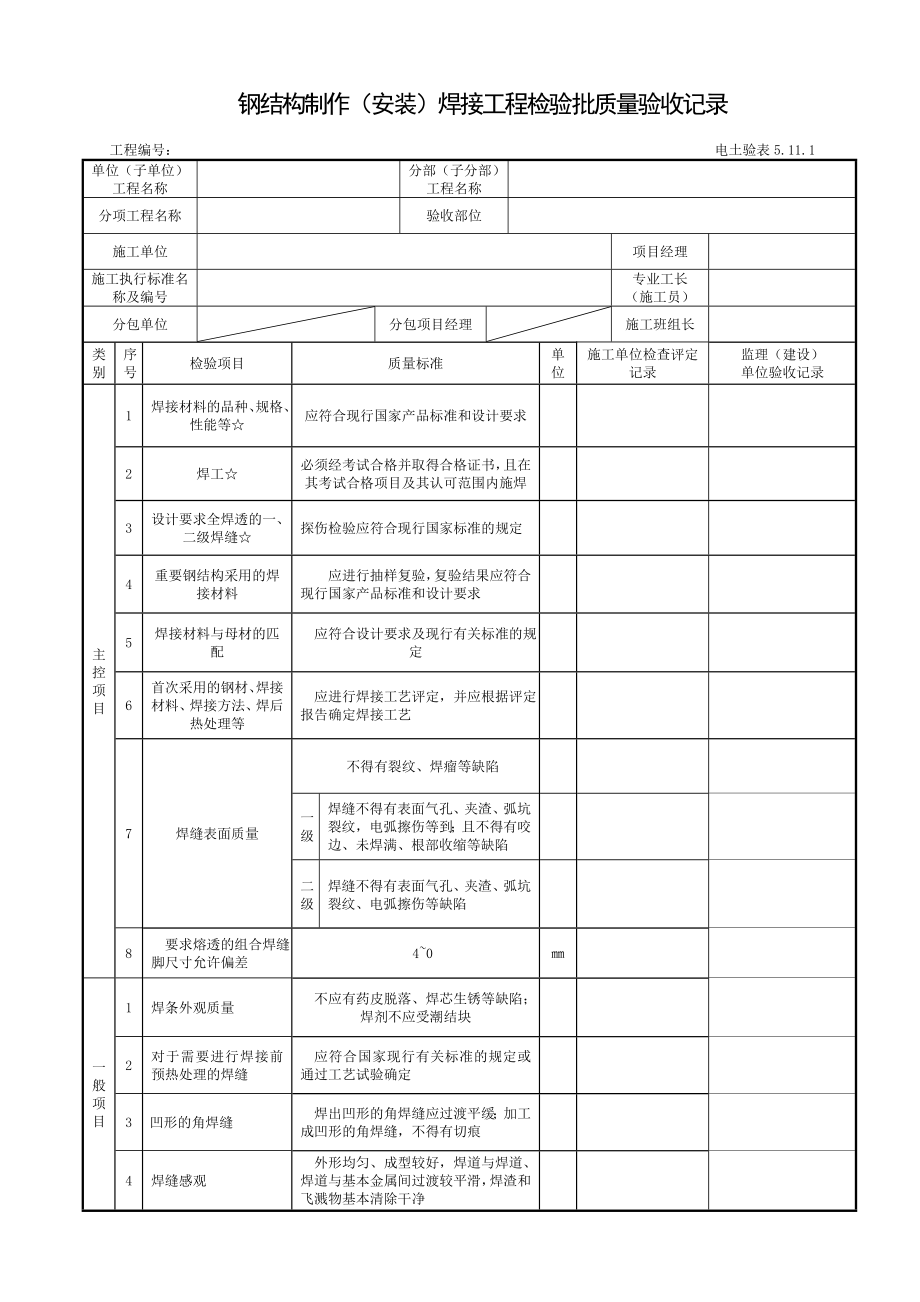 钢结构制作（安装）焊接工程检验批质量验收记录表格汇编.doc_第1页