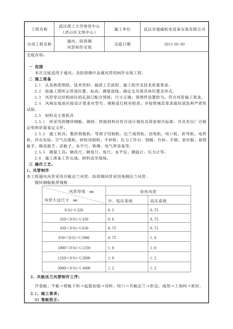 通风、防排烟风管制作安装技术交底.doc_第1页