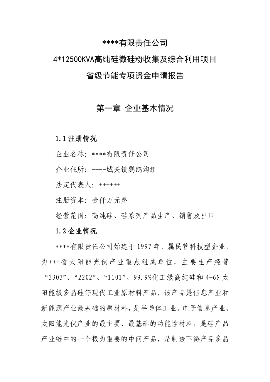 4X12500KVA高纯硅微硅粉收集及综合利用项目省级节能专项资金申请报告.doc_第1页