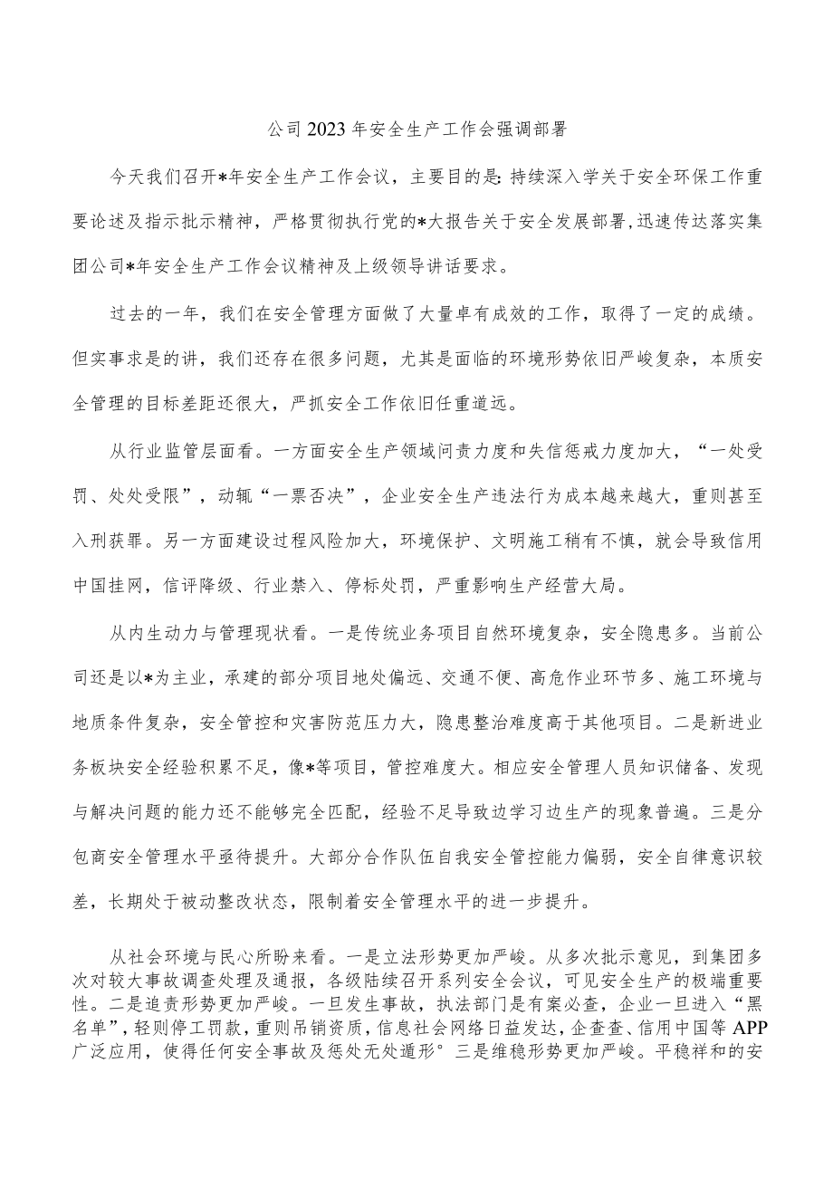 公司2023年安全生产工作会强调部署.docx_第1页