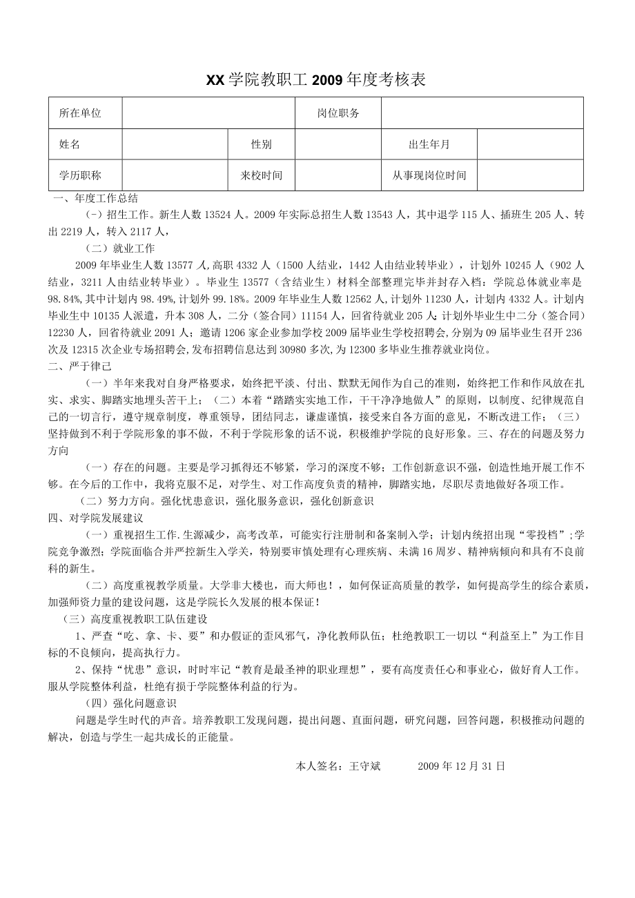 XX学院教职工2009年度考核表.docx_第1页