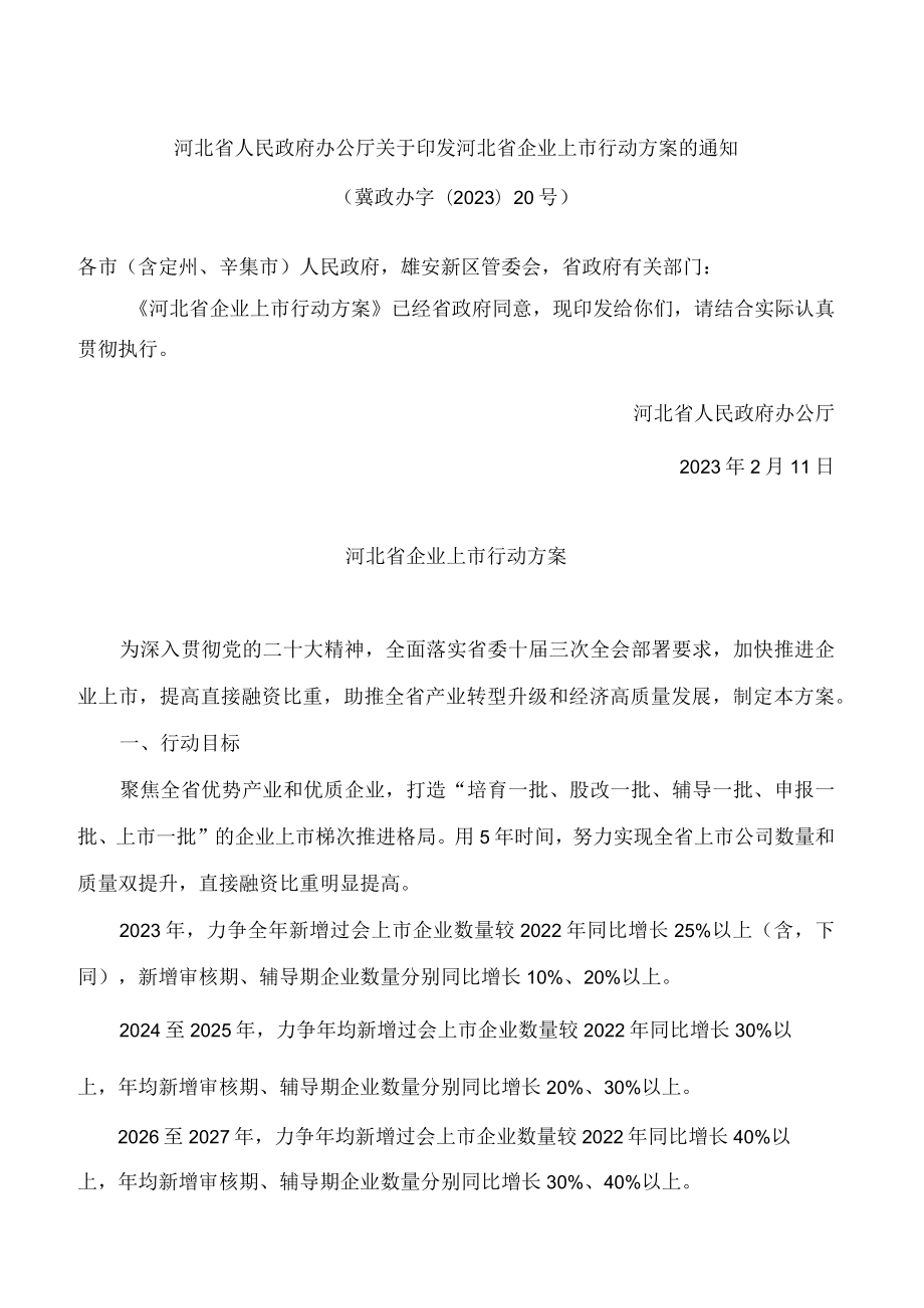 河北省人民政府办公厅关于印发河北省企业上市行动方案的通知.docx_第1页