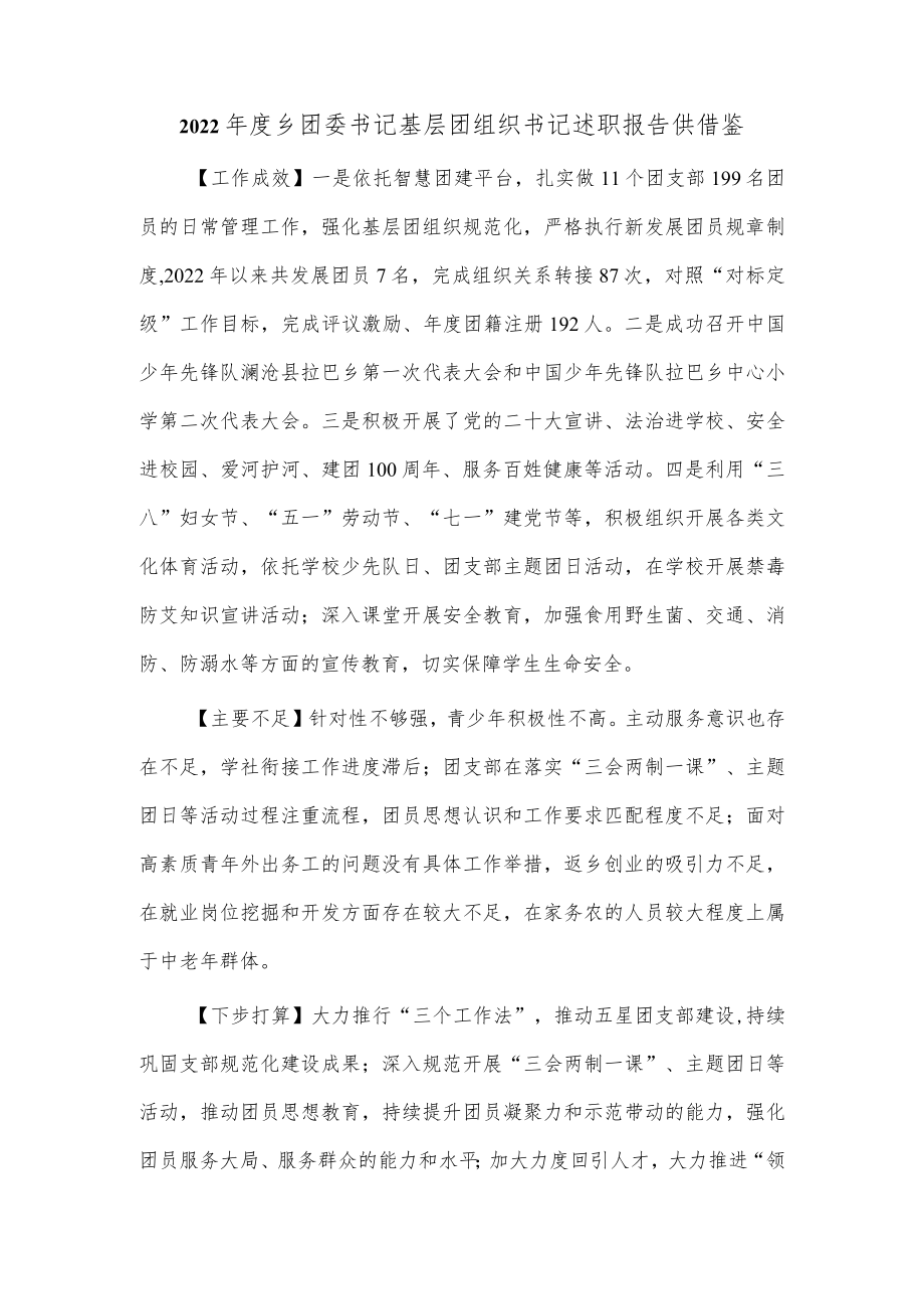 2022年度乡团委书记基层团组织书记述职报告供借鉴.docx_第1页