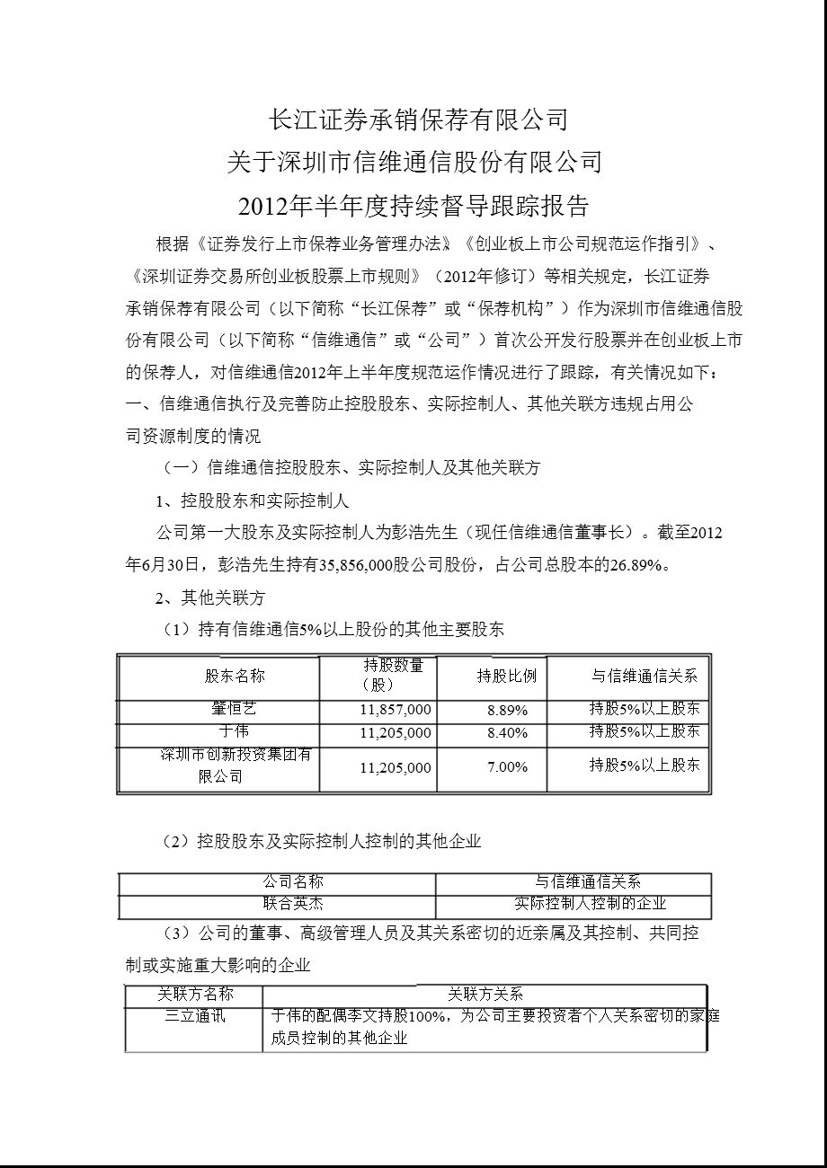 信维通信：长江证券承销保荐有限公司关于公司半持续督导跟踪报告.ppt_第1页