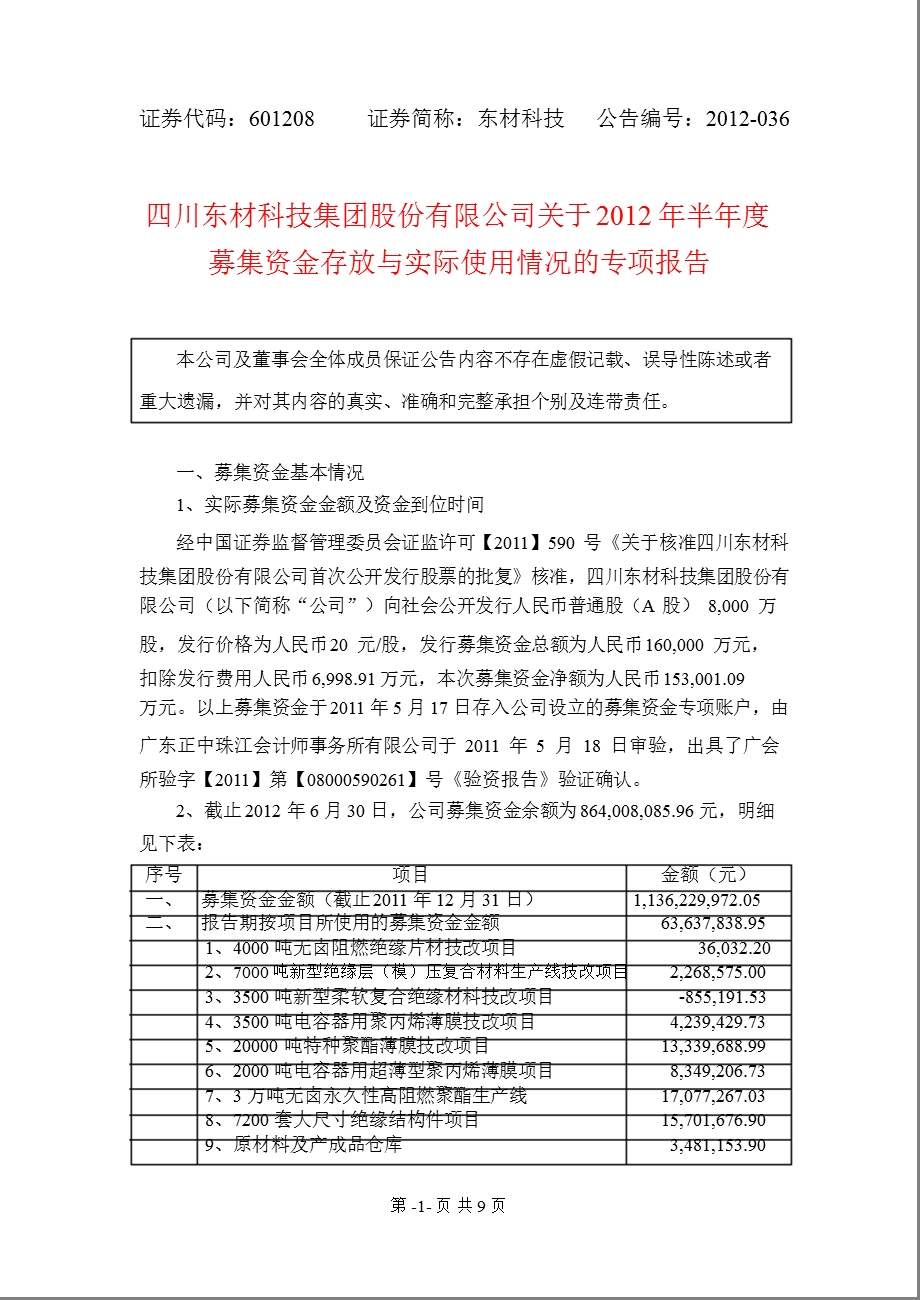 601208 东材科技关于半募集资金存放与实际使用情况的专项报告.ppt_第1页