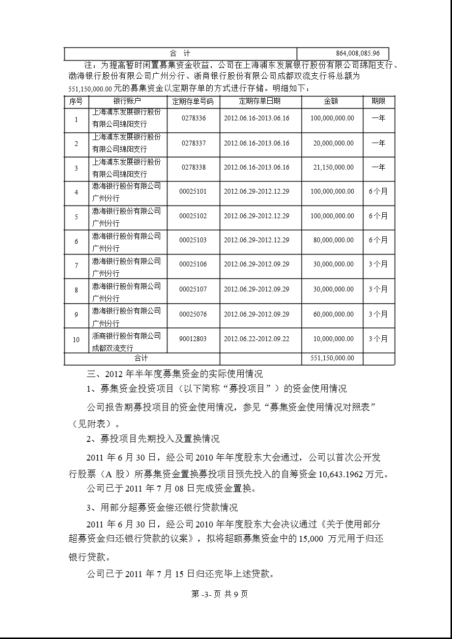 601208 东材科技关于半募集资金存放与实际使用情况的专项报告.ppt_第3页