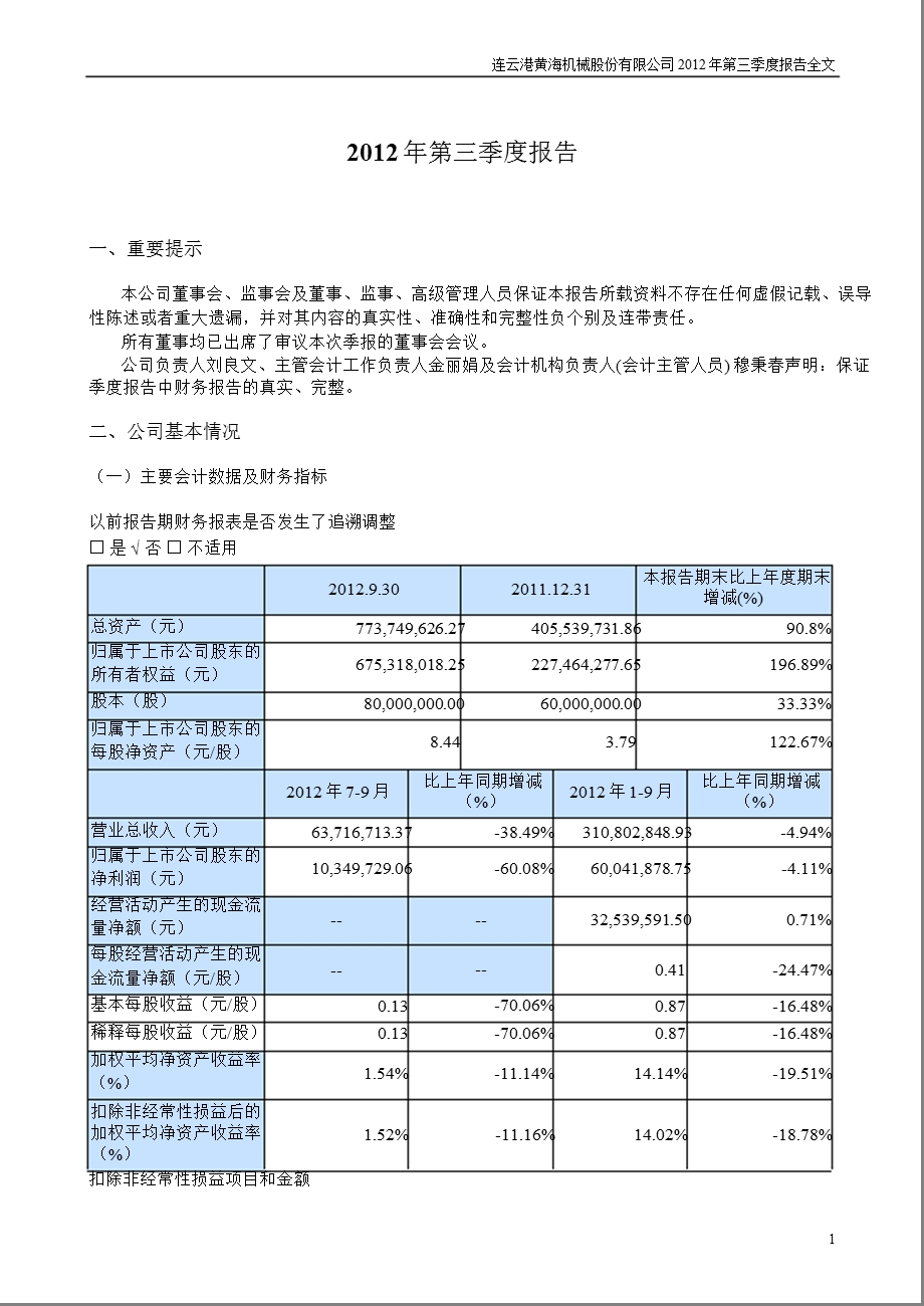 黄海机械：第三季度报告全文.ppt_第1页