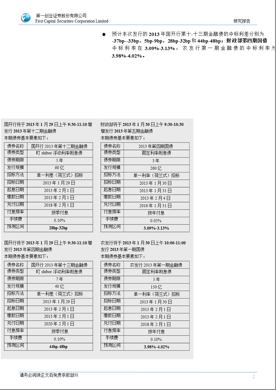 债券定价报告：国开行第十十三期金融债、财政部第四期国债以及农发行第一期金融债投标分析0129.ppt_第2页