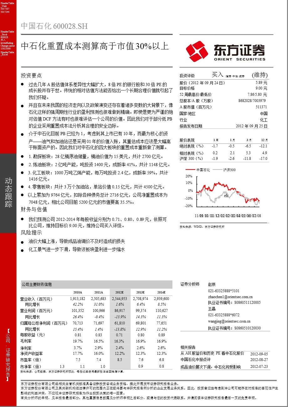 中国石化(600028)：中石化重置成本测算高于市值30%以上0926.ppt_第1页