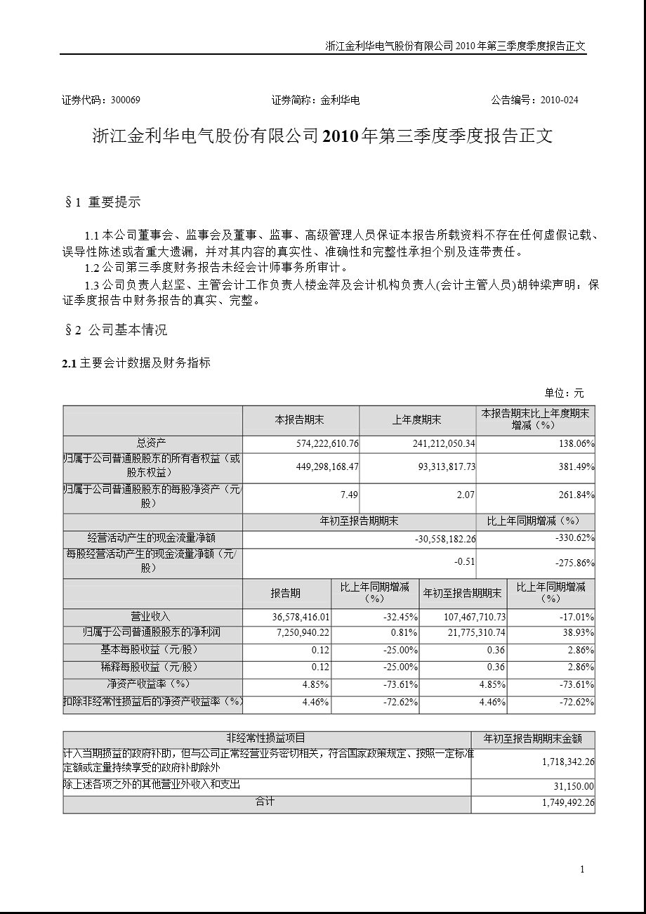 金利华电：第三季度报告正文.ppt_第1页