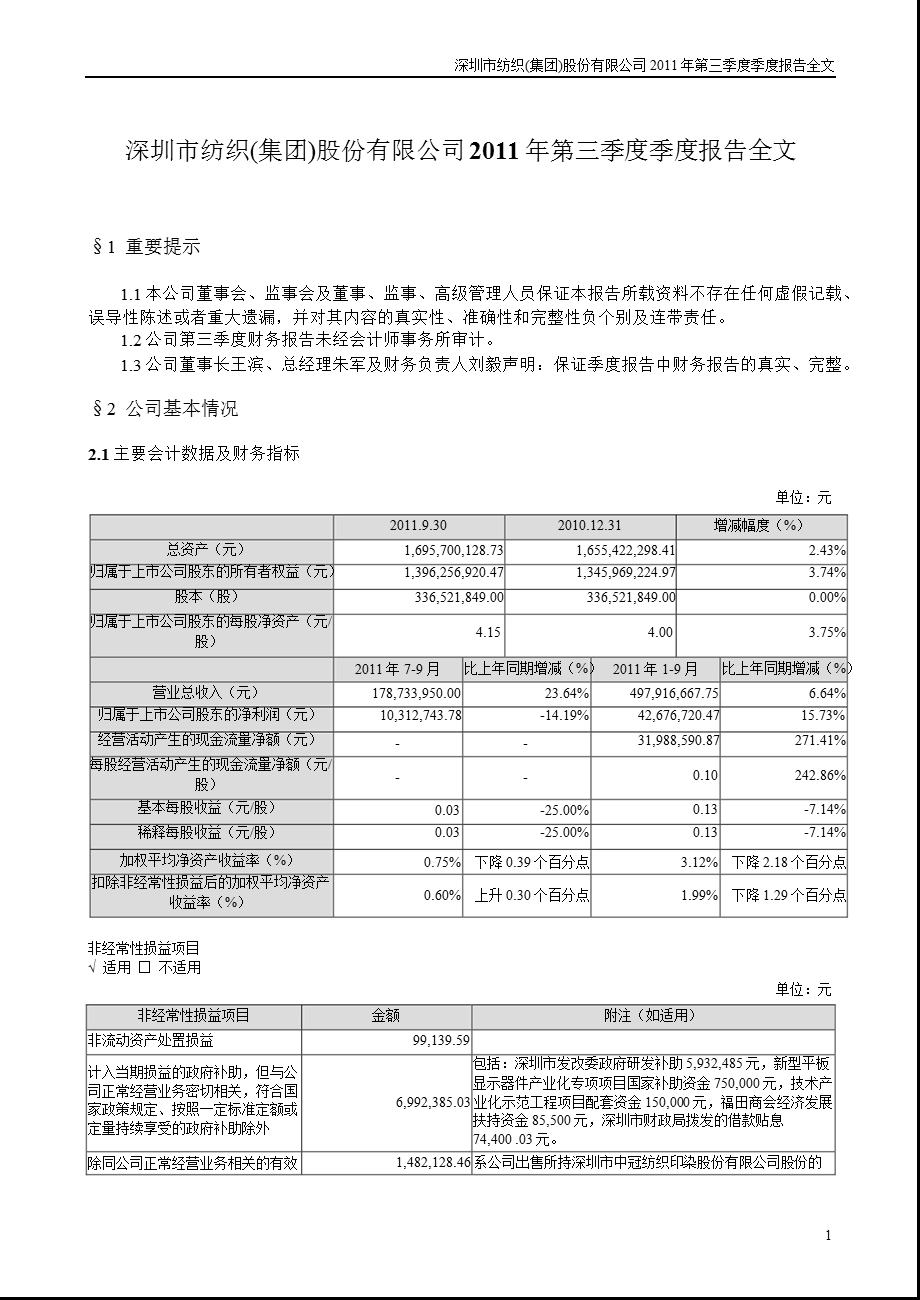 深纺织Ａ：第三季度报告全文.ppt_第1页