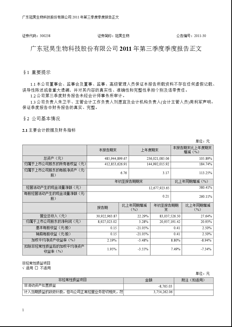 冠昊生物：第三季度报告正文.ppt_第1页