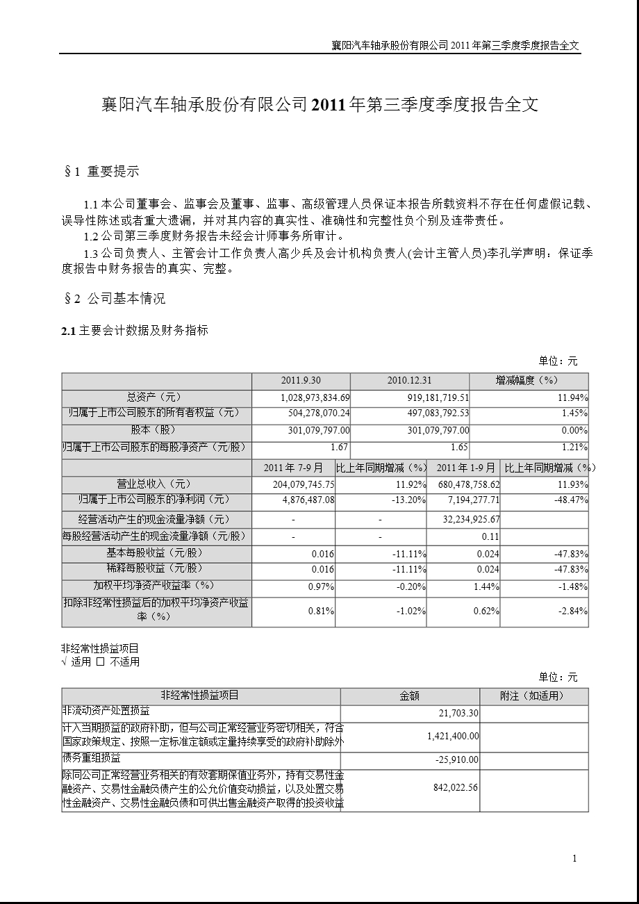 襄阳轴承：第三季度报告全文.ppt_第1页