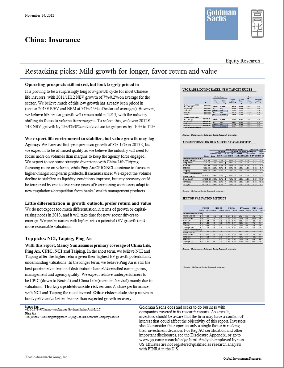 CHINA：INSURANCE：RESTACKINGPICKS：MILDGROWTHFORLONGERFAVORRETURNANDVALUE1115.ppt_第1页