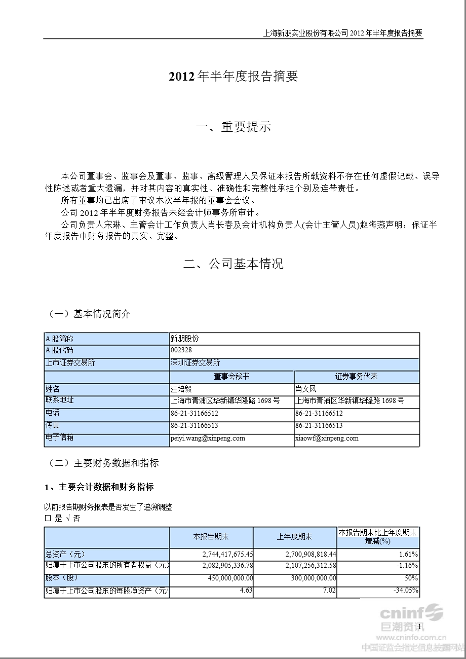 新朋股份：半报告摘要.ppt_第1页