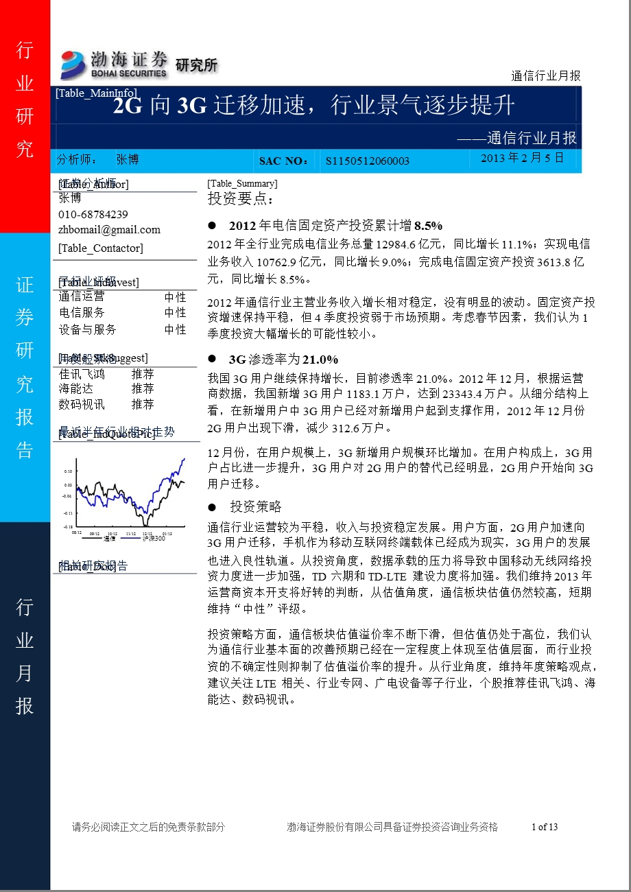 通信行业月报：2G向3G迁移加速行业景气逐步提升130205.ppt_第1页