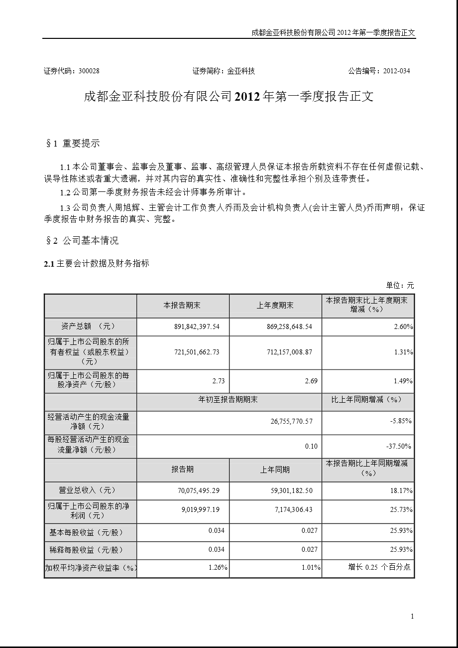 金亚科技：第一季度报告正文.ppt_第1页