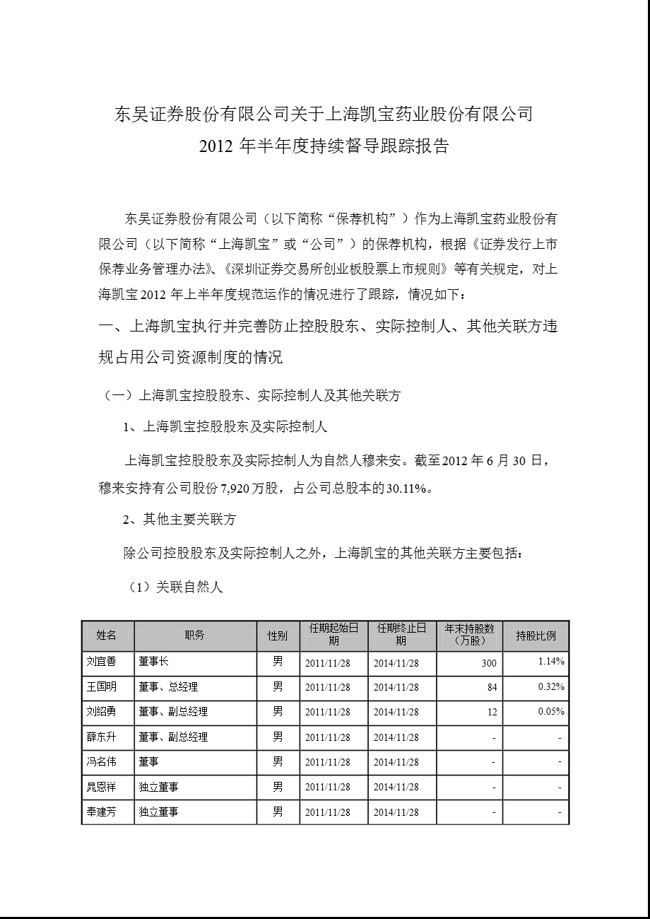 上海凯宝：东吴证券股份有限公司关于公司半持续督导跟踪报告.ppt