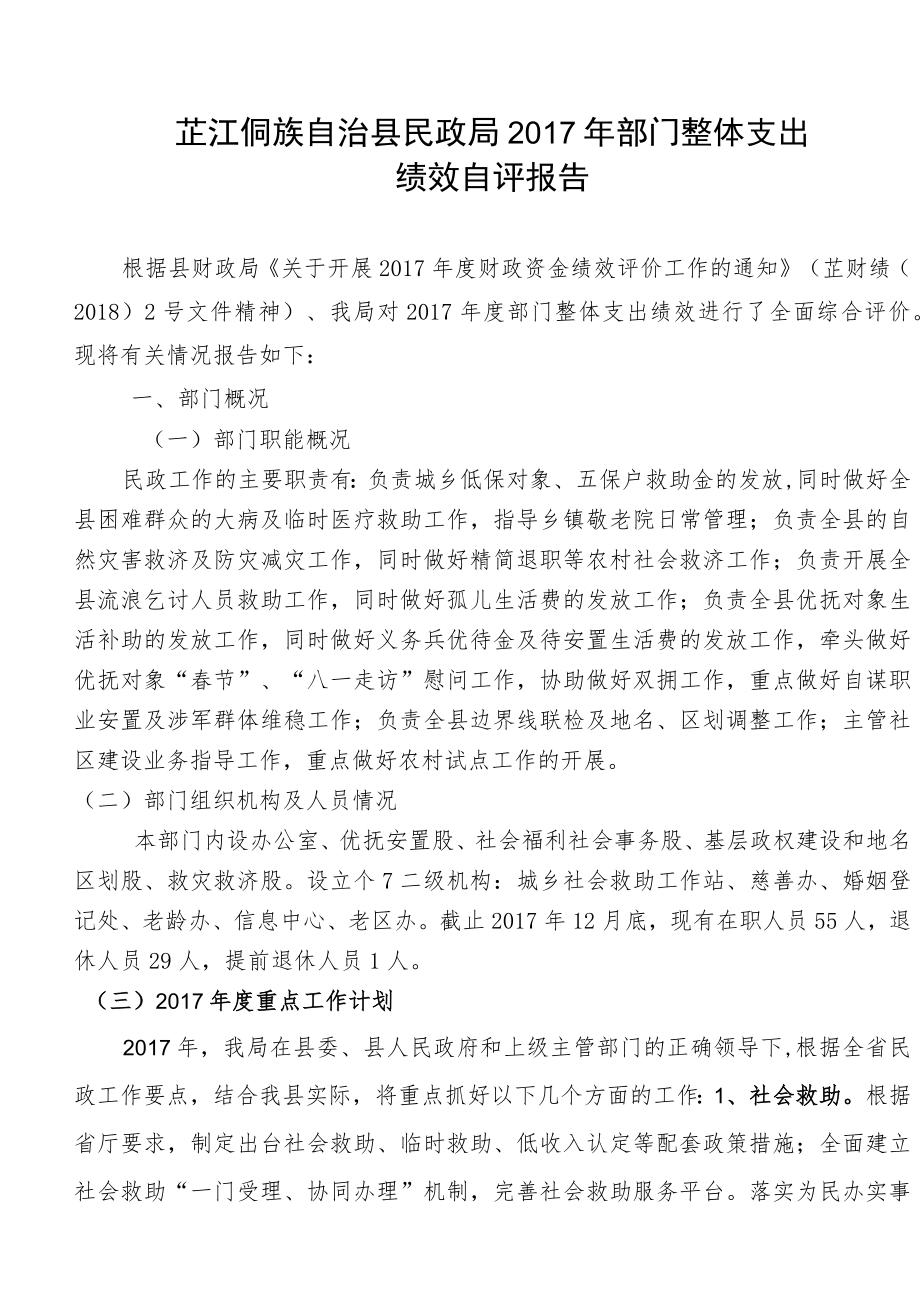 芷江侗族自治县民政局2017年部门整体支出绩效自评报告.docx_第1页