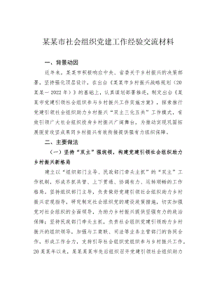 某某市社会组织党建工作经验交流材料.docx