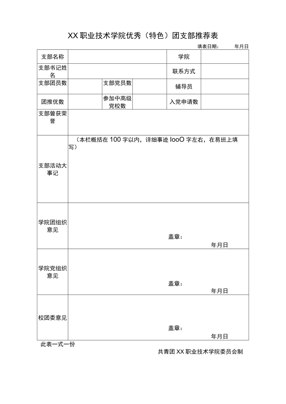 XX职业技术学院优秀（特色）团支部推荐表.docx_第1页