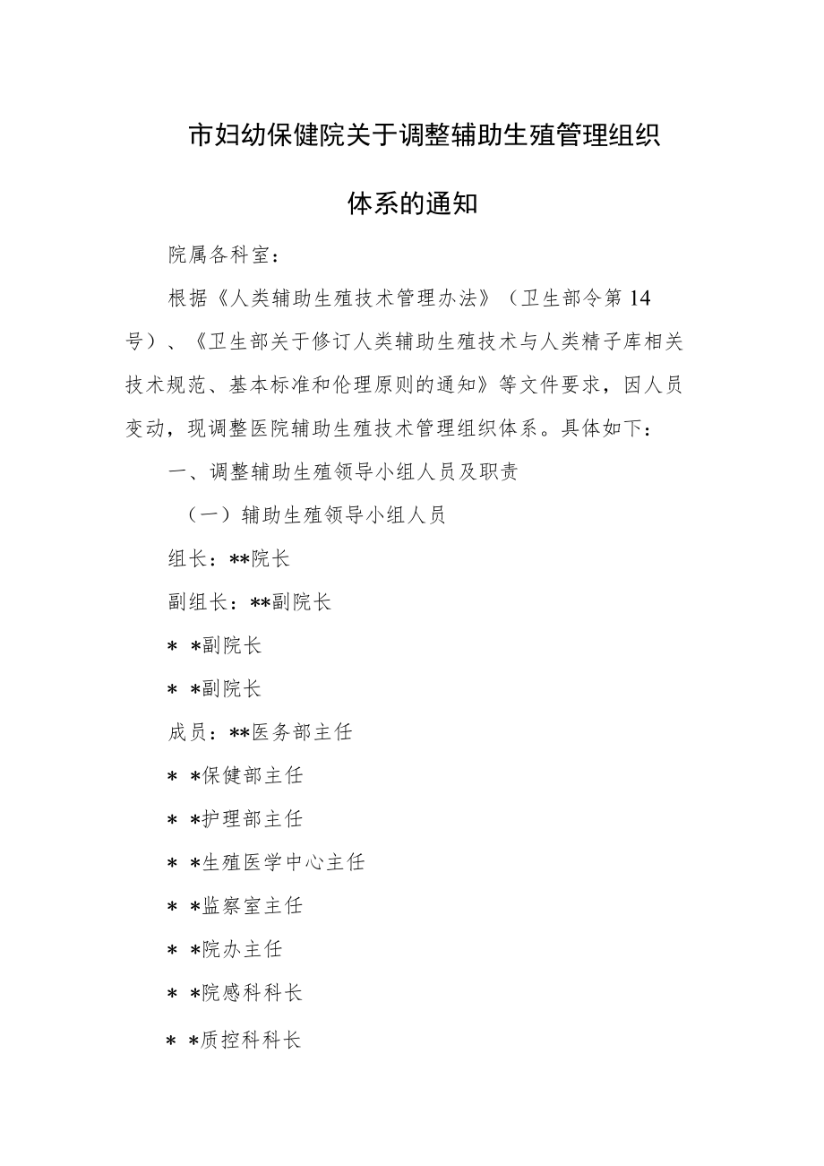 市妇幼保健院关于调整辅助生殖管理组织体系.docx_第1页