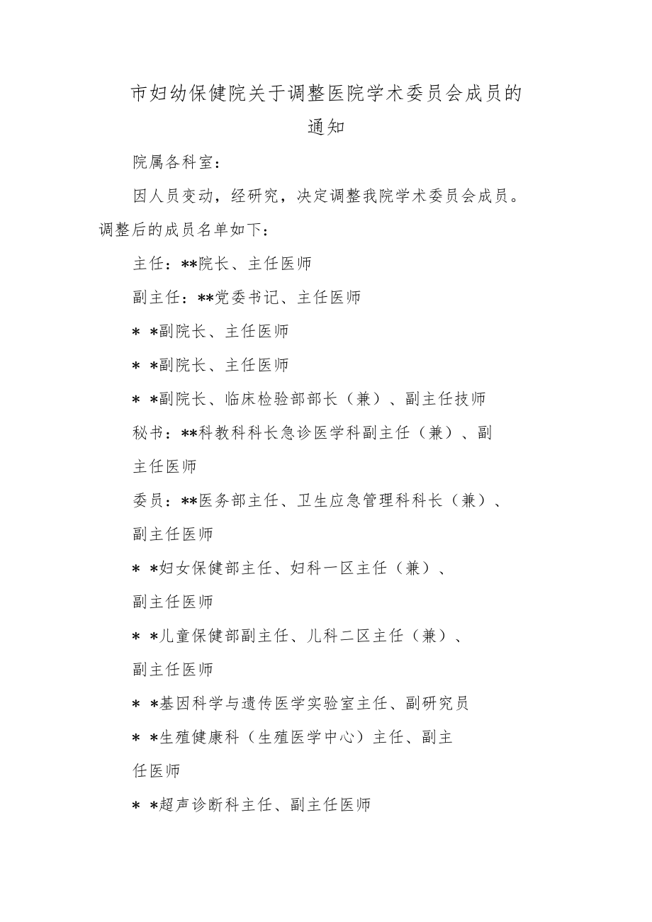 市妇幼保健院关于调整医院学术委员会成员.docx_第1页