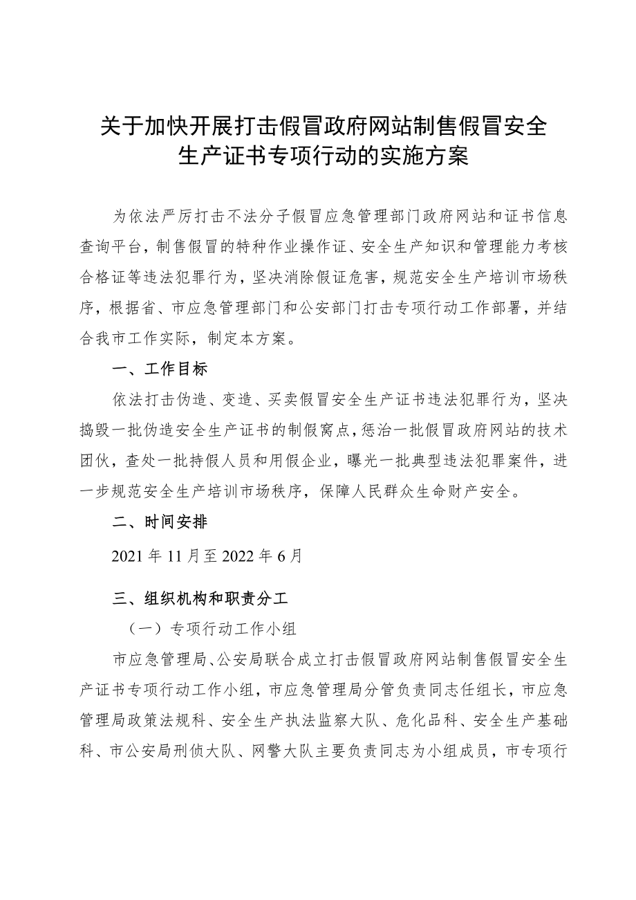 关于加快开展打击假冒政府网站制售假冒安全生产证书专项行动的实施方案.docx_第1页