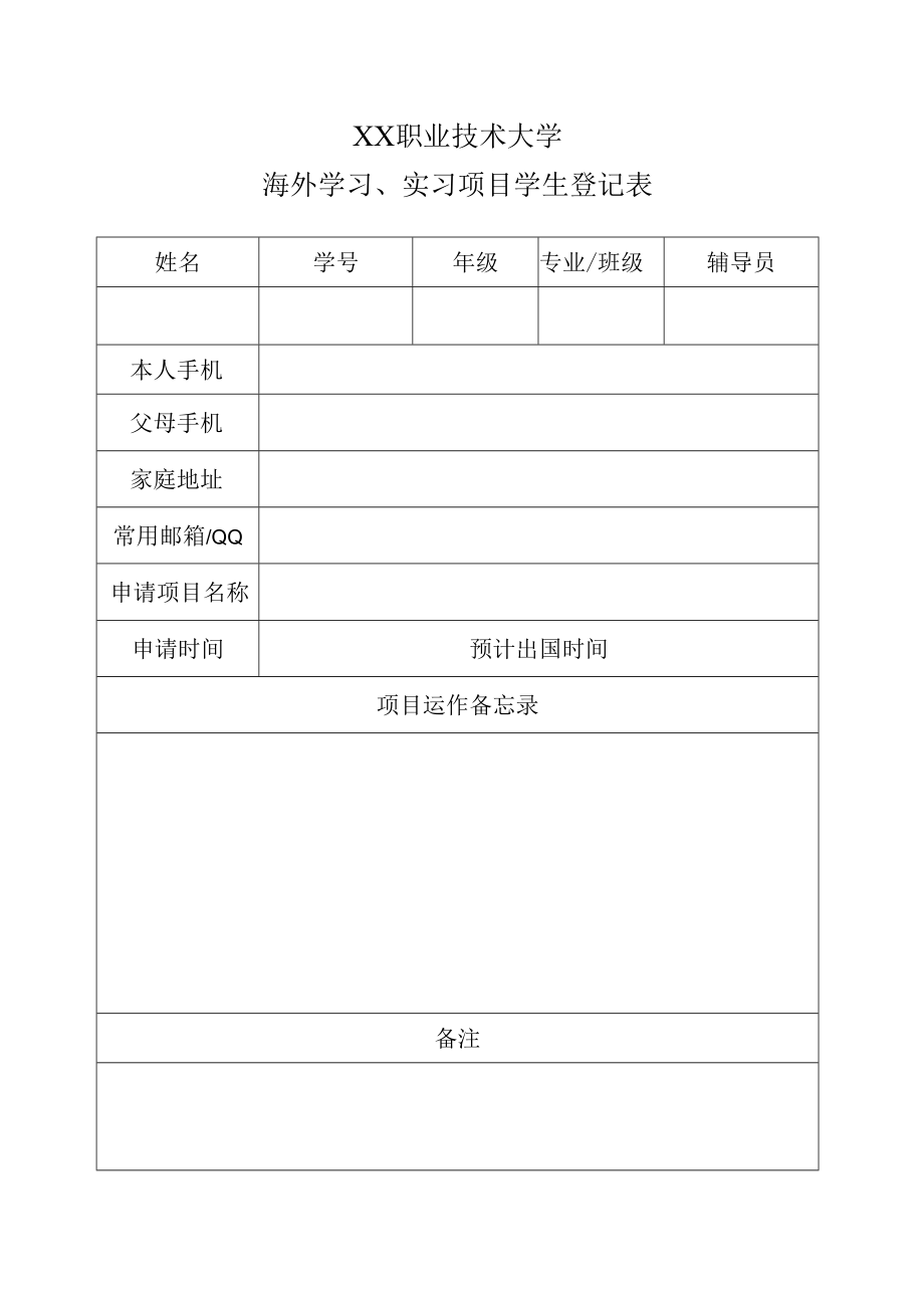 XX职业技术大学海外学习、实习项目学生登记表.docx_第1页