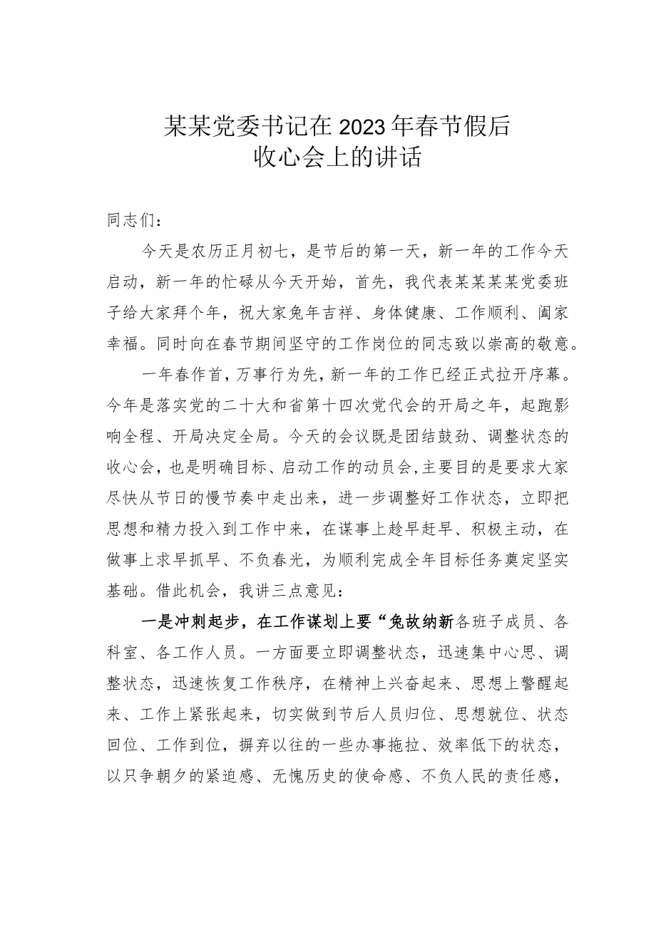 某某党委书记在2023年春节假后收心会上的讲话.docx_第1页