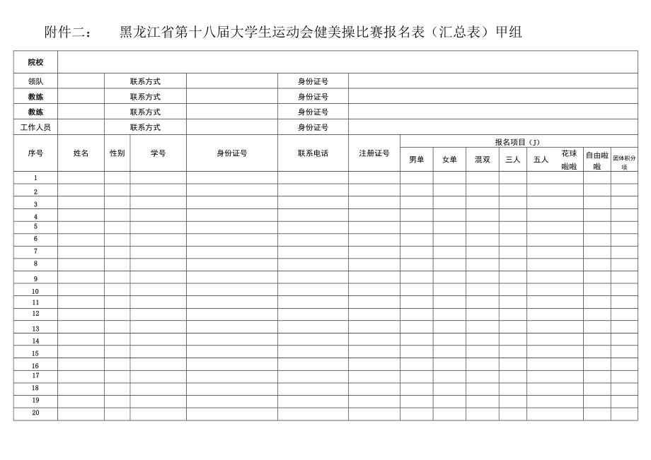 黑龙江省第十八届大学生运动会健美操比赛报名表汇总表甲组.docx_第1页