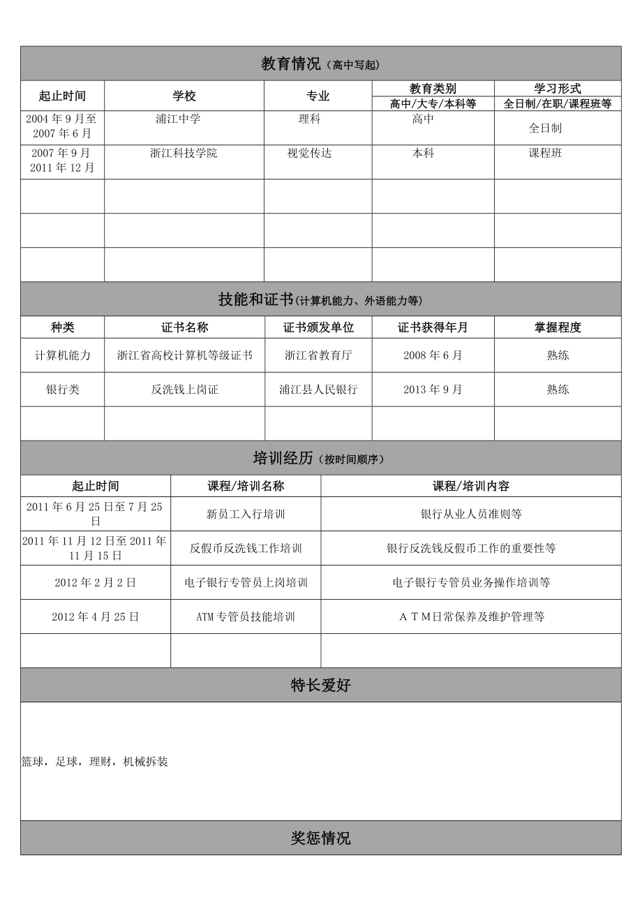 浦发银行应聘报名表(有工作经验人士).doc_第3页