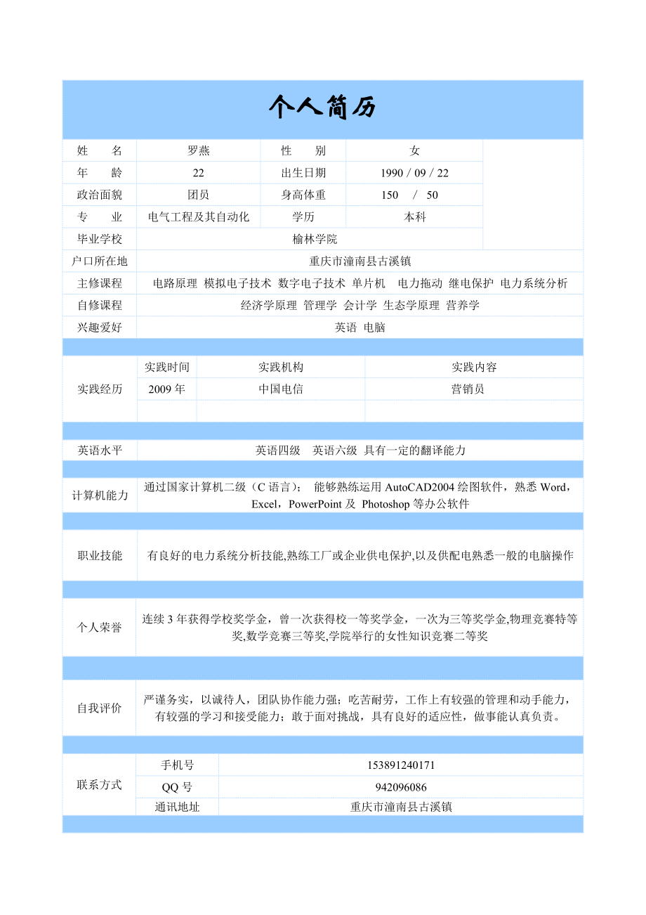 电气工程及其自动化专业简历模板.doc_第1页